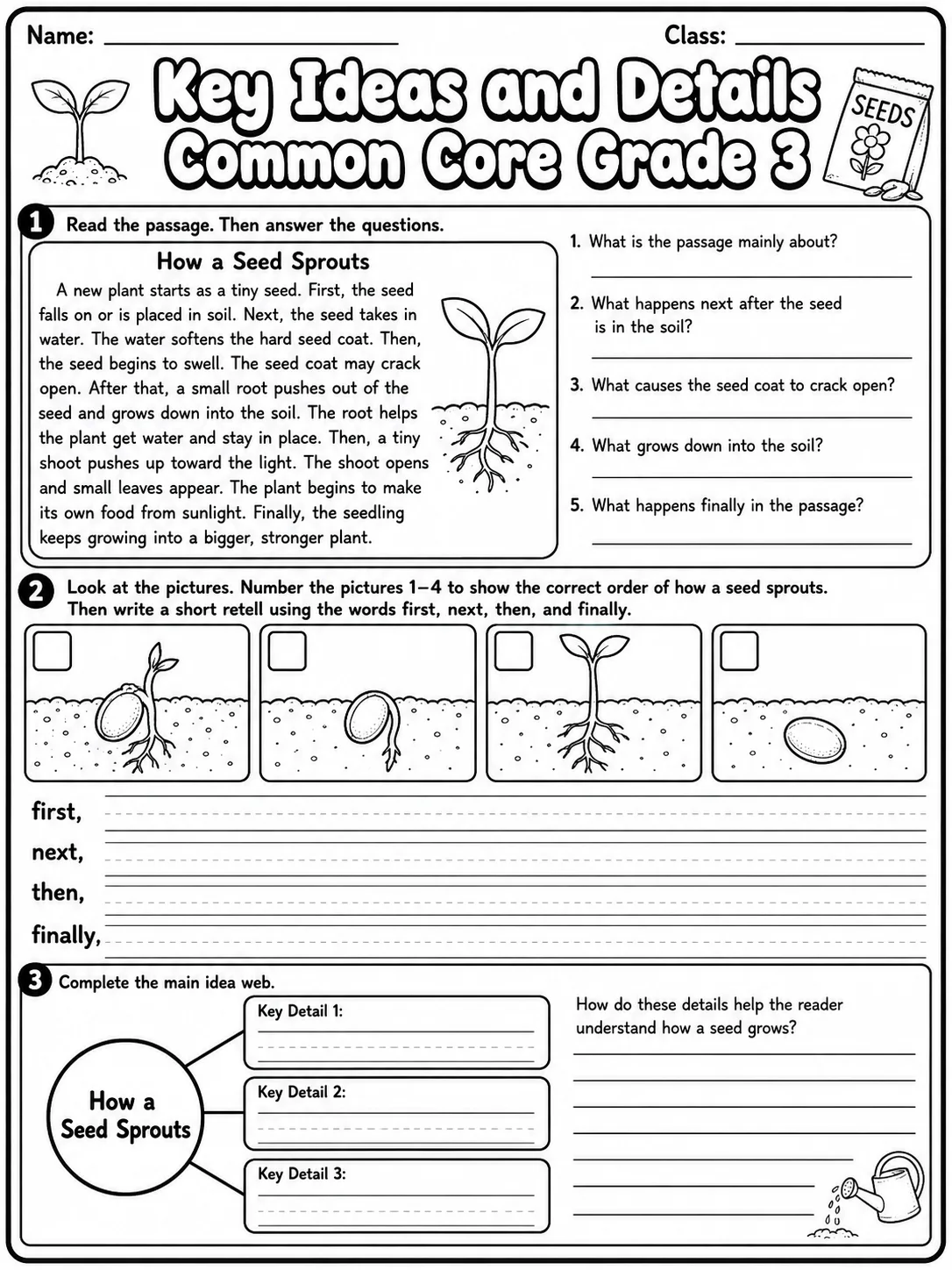 Key Ideas and Details Common Core Grade 3 page 2 printable Common Core ELA worksheet preview