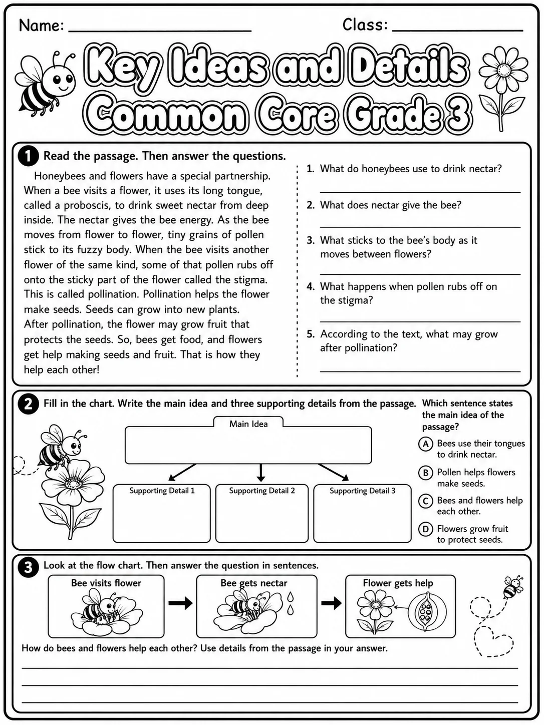 Key Ideas and Details Common Core Grade 3 page 4 printable Common Core ELA worksheet preview
