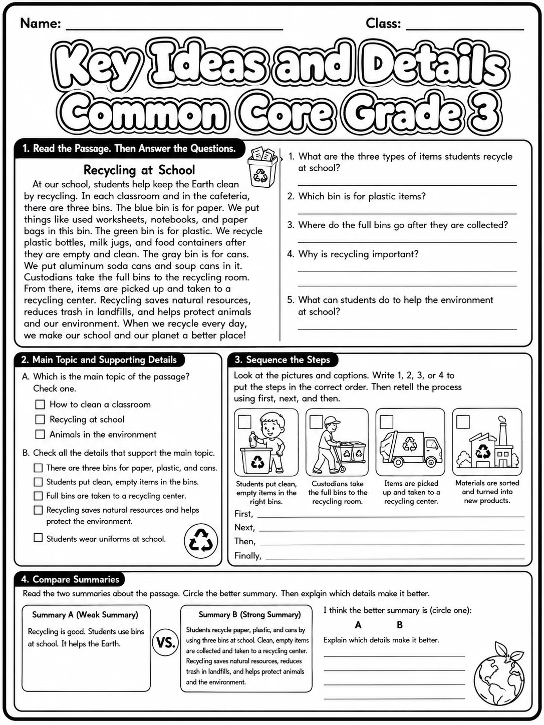 Key Ideas and Details Common Core Grade 3 page 5 printable Common Core ELA worksheet preview