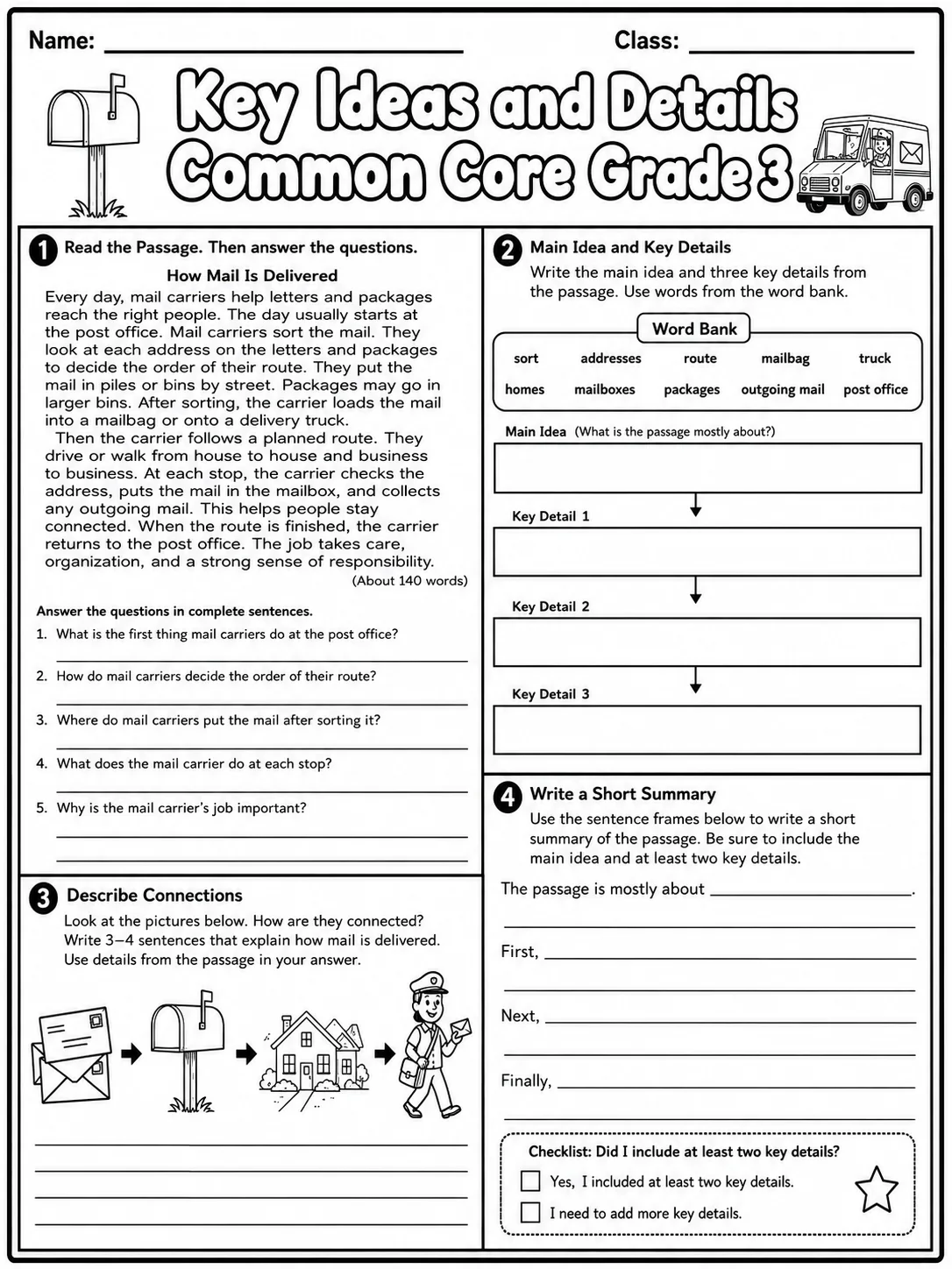 Key Ideas and Details Common Core Grade 3 page 7 printable Common Core ELA worksheet preview