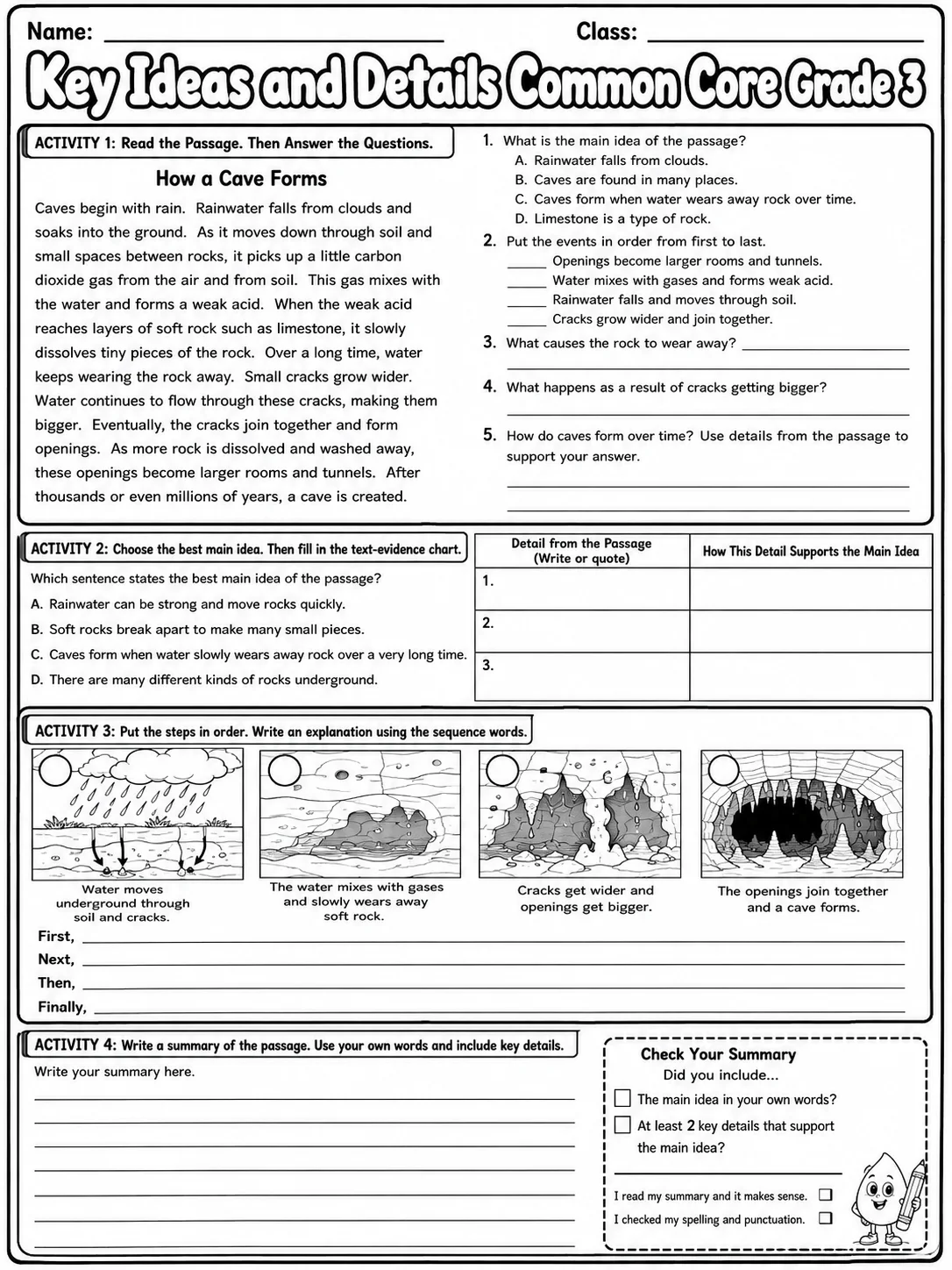Key Ideas and Details Common Core Grade 3 page 10 printable Common Core ELA worksheet preview