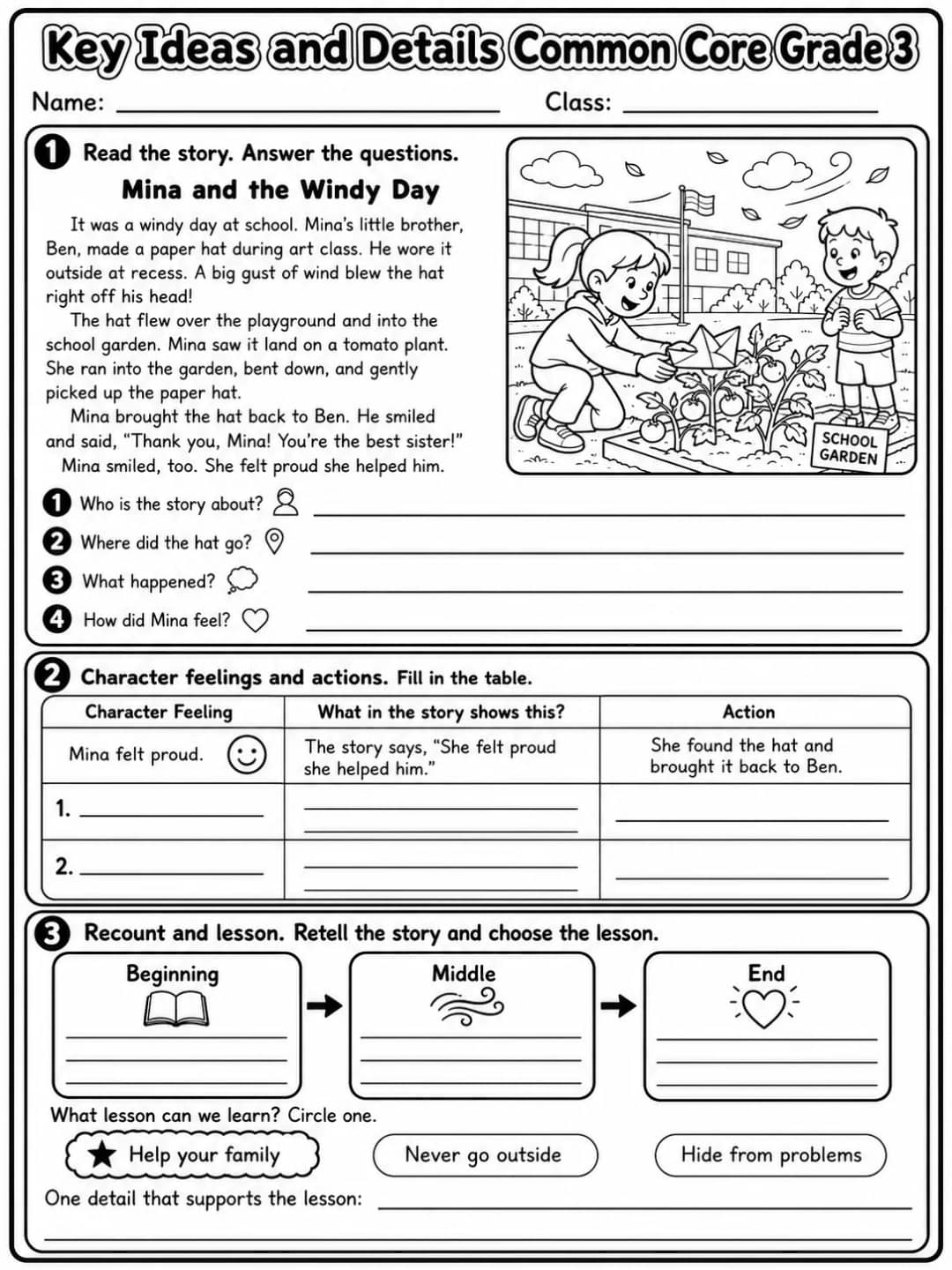 Key Ideas and Details Common Core Grade 3 printable Common Core ELA Grade 3 worksheet preview from KiwiBee