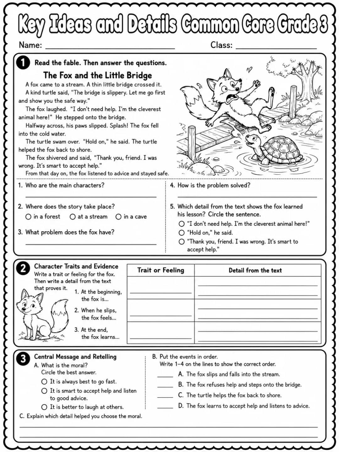 Key Ideas and Details Common Core Grade 3 printable Common Core ELA Grade 3 worksheet preview from KiwiBee