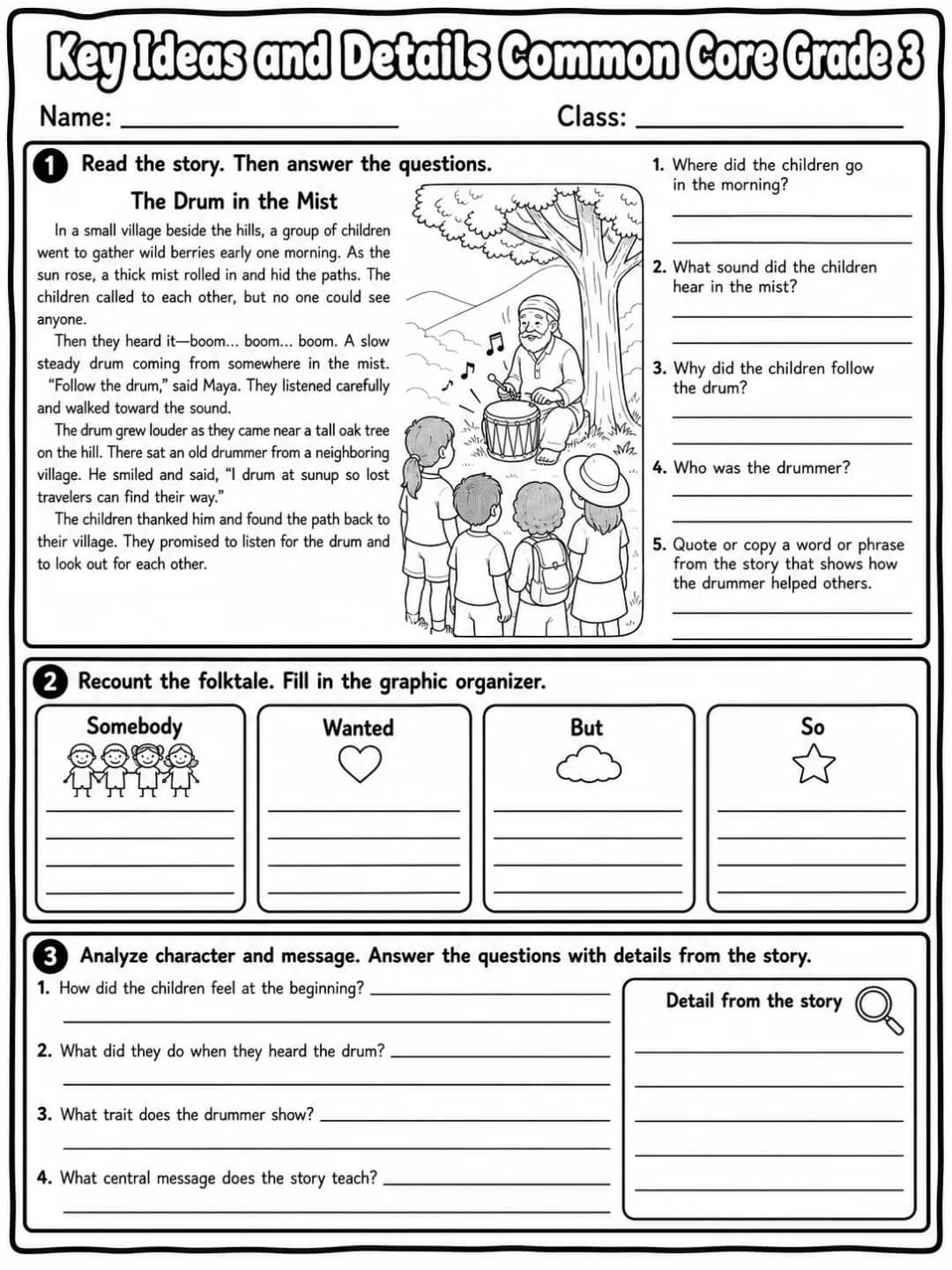 Key Ideas and Details Common Core Grade 3 printable Common Core ELA Grade 3 worksheet preview from KiwiBee