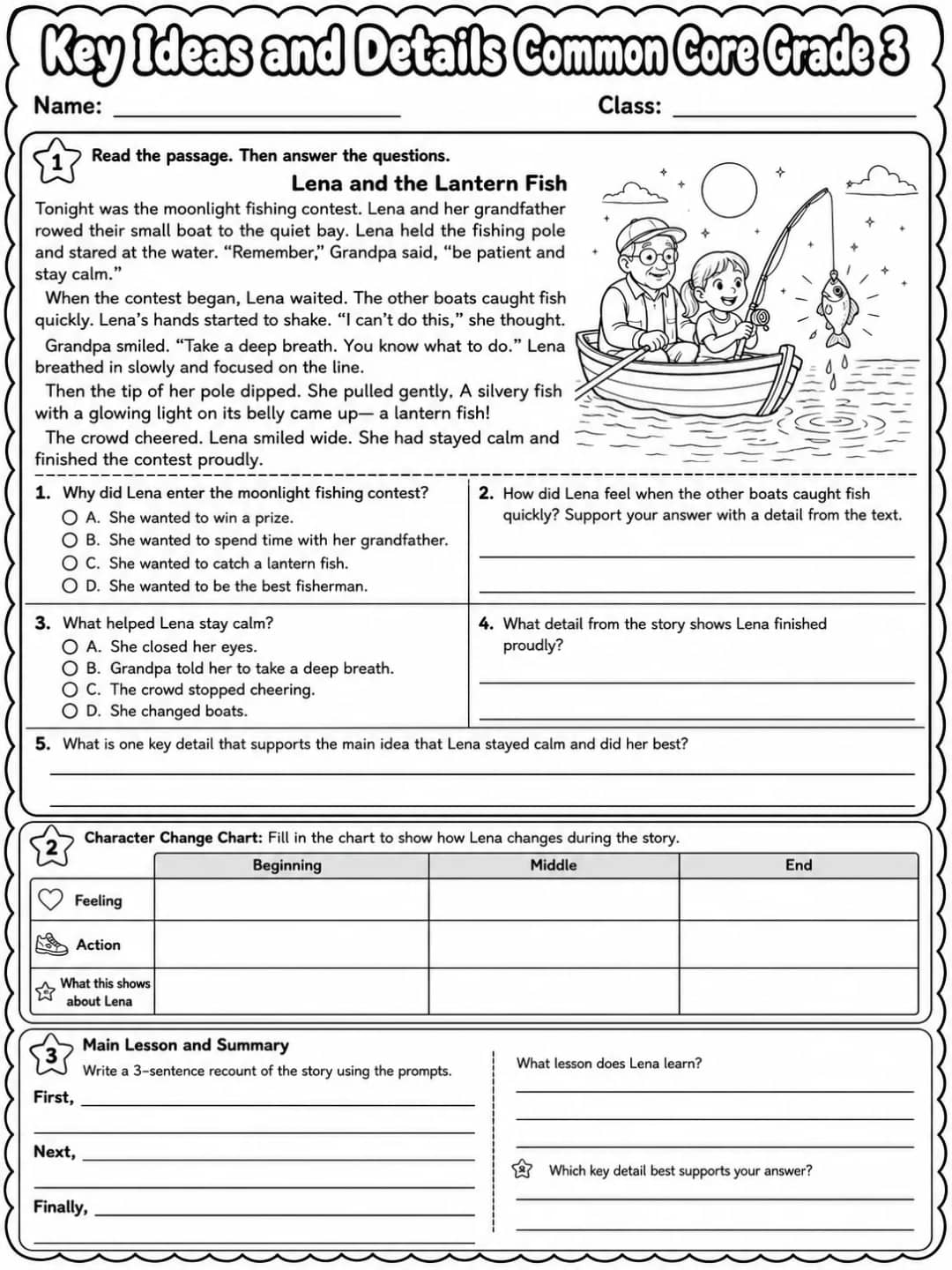 Key Ideas and Details Common Core Grade 3 printable Common Core ELA Grade 3 worksheet preview from KiwiBee