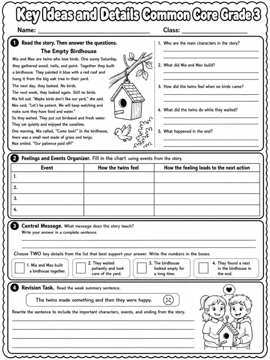 Key Ideas and Details Common Core Grade 3 printable Common Core ELA Grade 3 worksheet preview from KiwiBee
