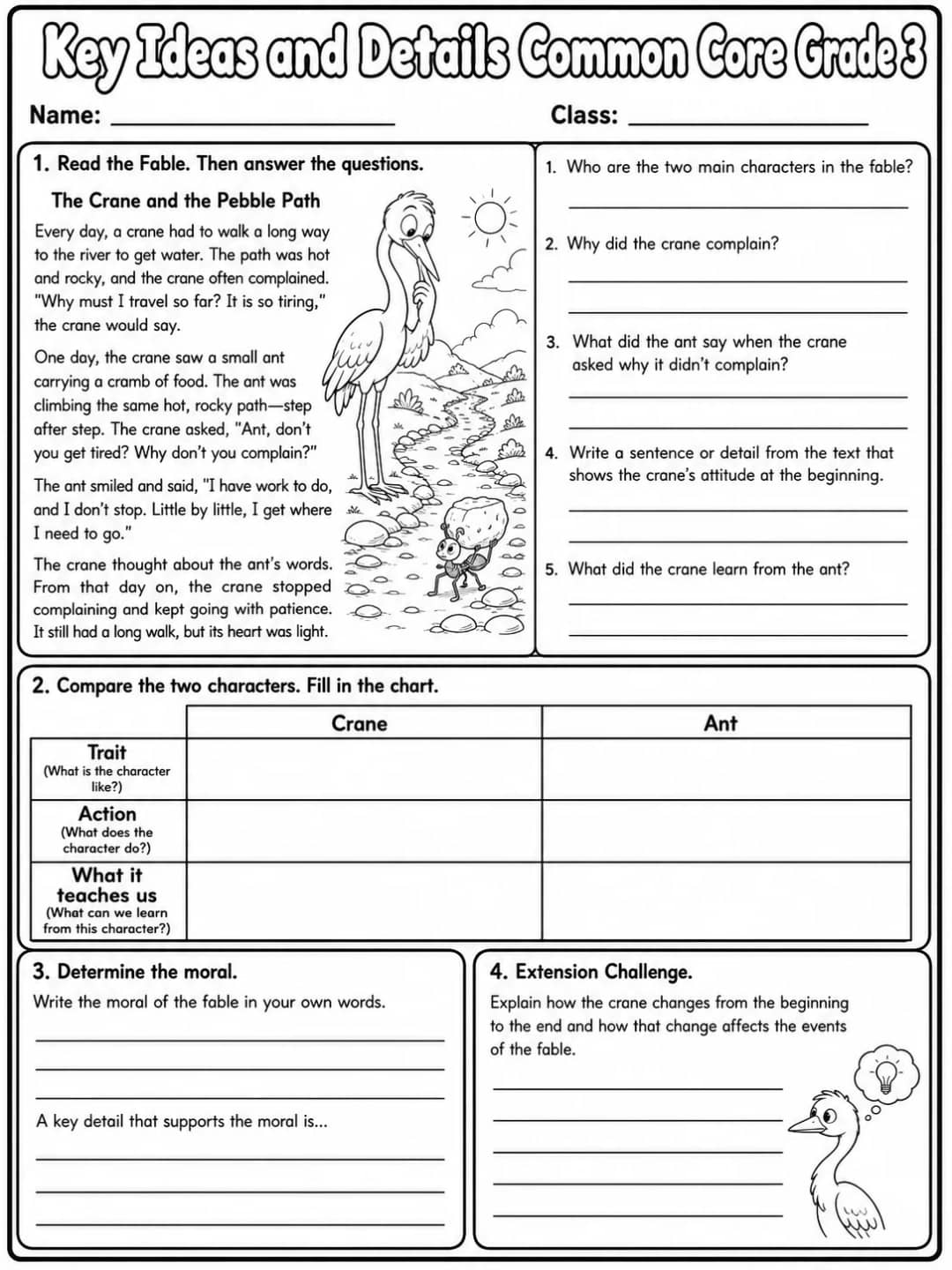 Key Ideas and Details Common Core Grade 3 printable Common Core ELA Grade 3 worksheet preview from KiwiBee