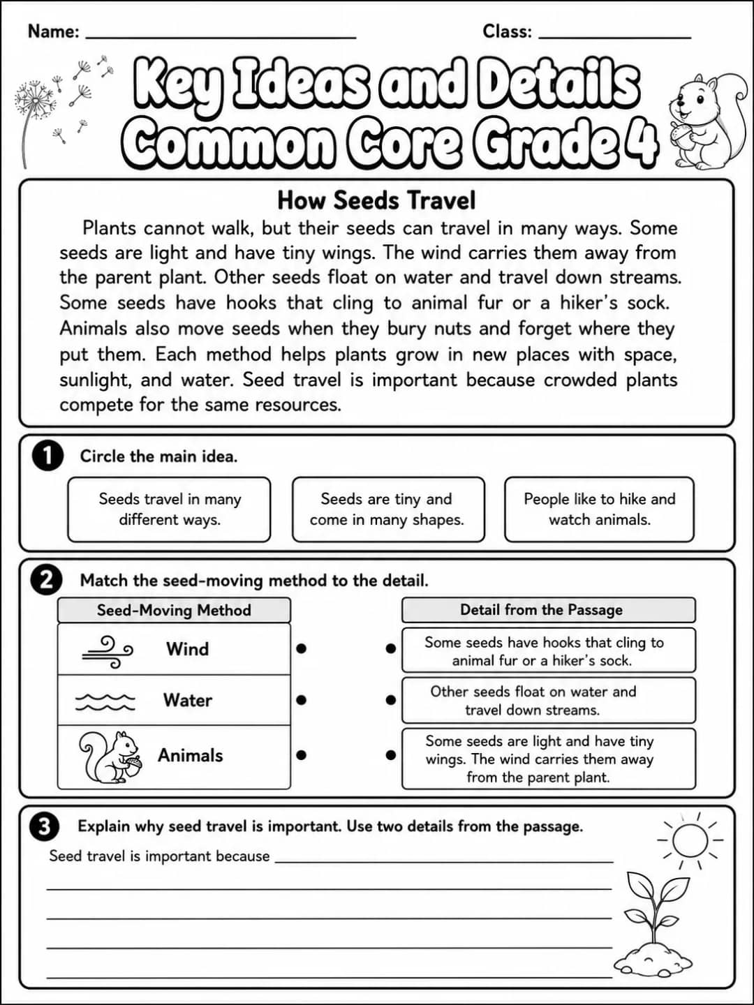 Key Ideas and Details Common Core Grade 4 printable Common Core ELA Grade 4 worksheet preview from KiwiBee