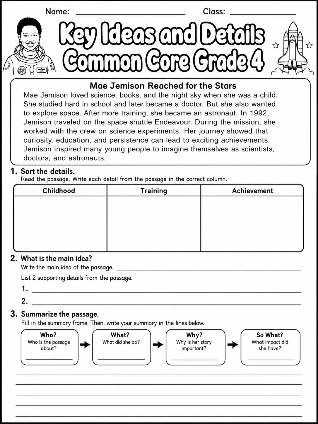 Key Ideas and Details Common Core Grade 4 page 3 printable Common Core ELA worksheet preview