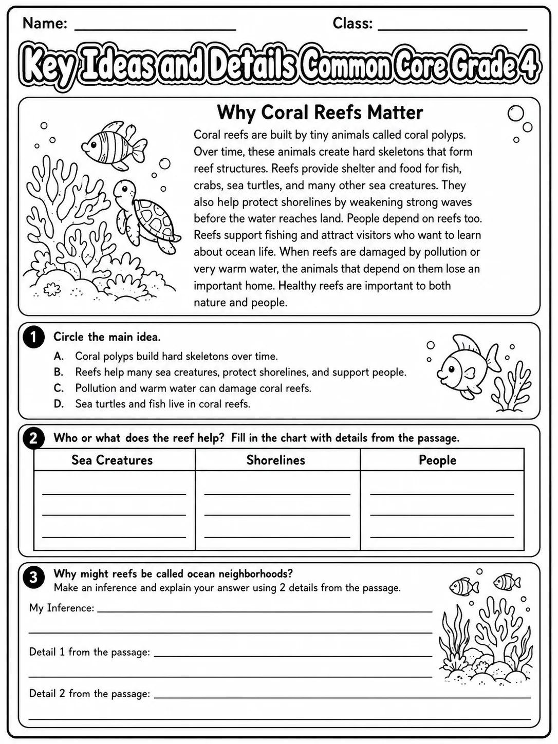 Key Ideas and Details Common Core Grade 4 page 4 printable Common Core ELA worksheet preview