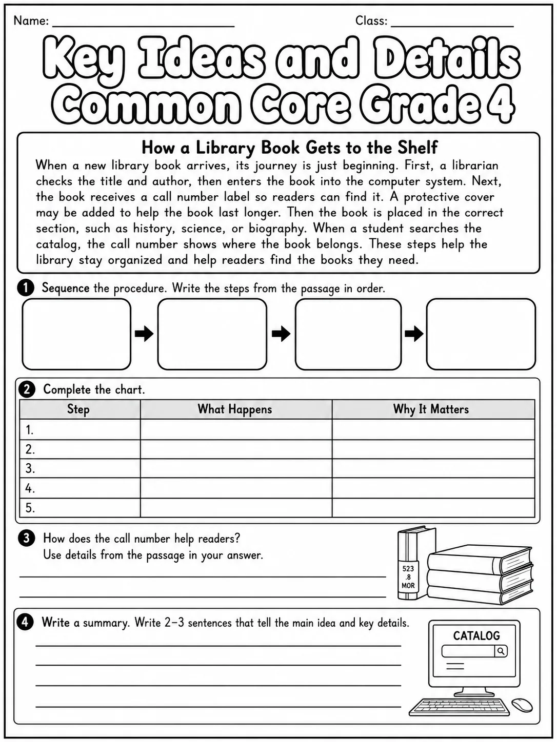 Key Ideas and Details Common Core Grade 4 page 5 printable Common Core ELA worksheet preview