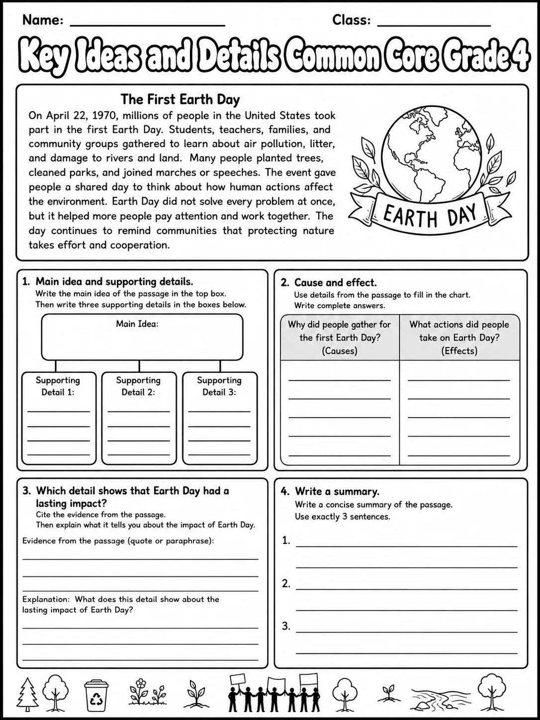 Key Ideas and Details Common Core Grade 4 page 8 printable Common Core ELA worksheet preview