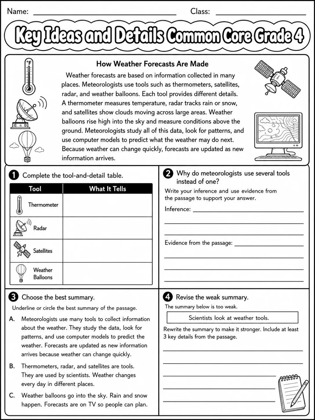 Key Ideas and Details Common Core Grade 4 page 9 printable Common Core ELA worksheet preview