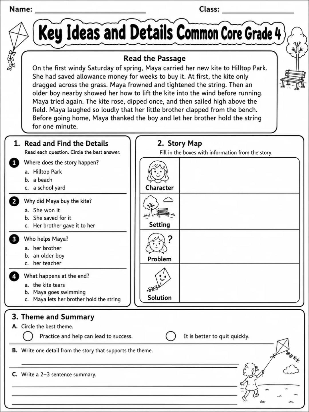 Key Ideas and Details Common Core Grade 4 printable Common Core ELA Grade 4 worksheet preview from KiwiBee