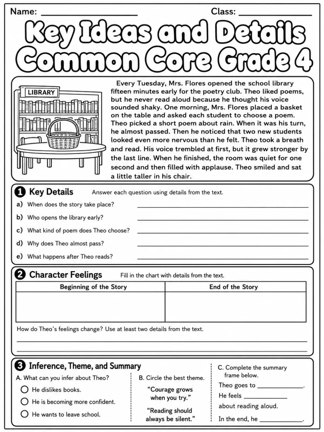 Key Ideas and Details Common Core Grade 4 printable Common Core ELA Grade 4 worksheet preview from KiwiBee