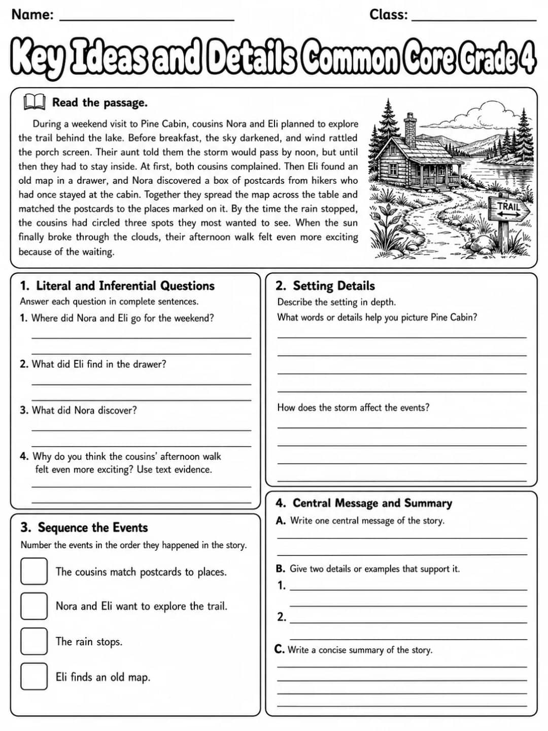 Key Ideas and Details Common Core Grade 4 printable Common Core ELA Grade 4 worksheet preview from KiwiBee