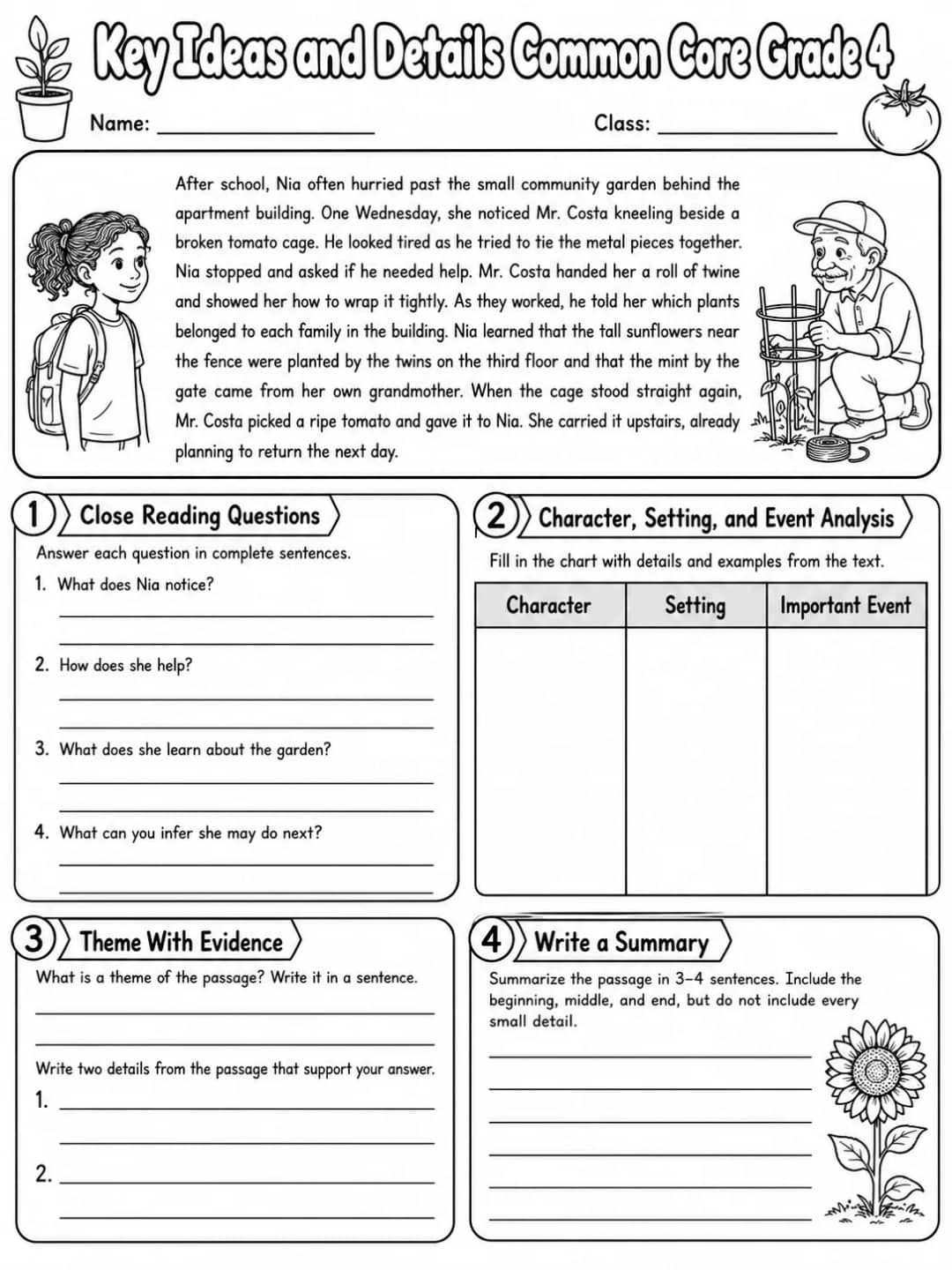 Key Ideas and Details Common Core Grade 4 printable Common Core ELA Grade 4 worksheet preview from KiwiBee
