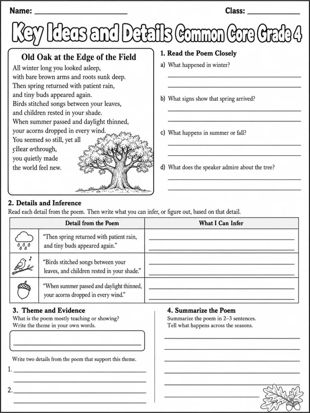 Key Ideas and Details Common Core Grade 4 printable Common Core ELA Grade 4 worksheet preview from KiwiBee