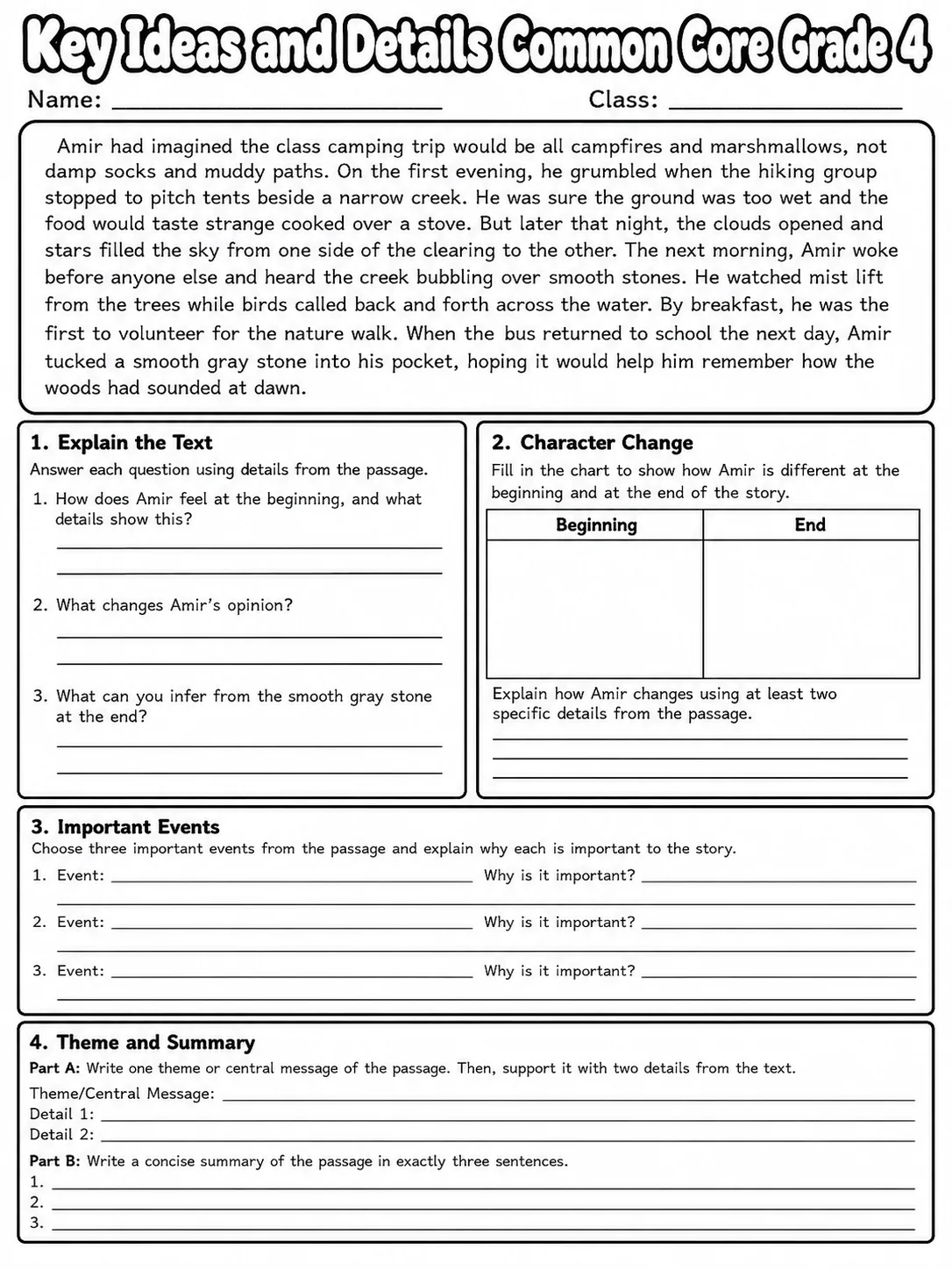 Key Ideas and Details Common Core Grade 4 printable Common Core ELA Grade 4 worksheet preview from KiwiBee