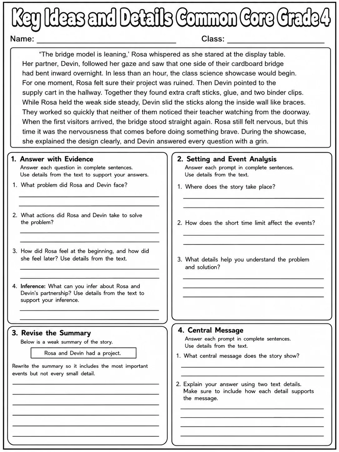 Key Ideas and Details Common Core Grade 4 printable Common Core ELA Grade 4 worksheet preview from KiwiBee