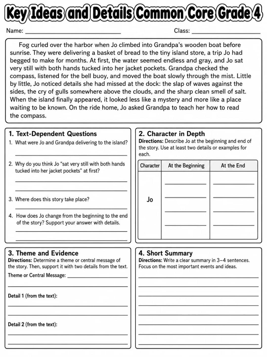 Key Ideas and Details Common Core Grade 4 printable Common Core ELA Grade 4 worksheet preview from KiwiBee