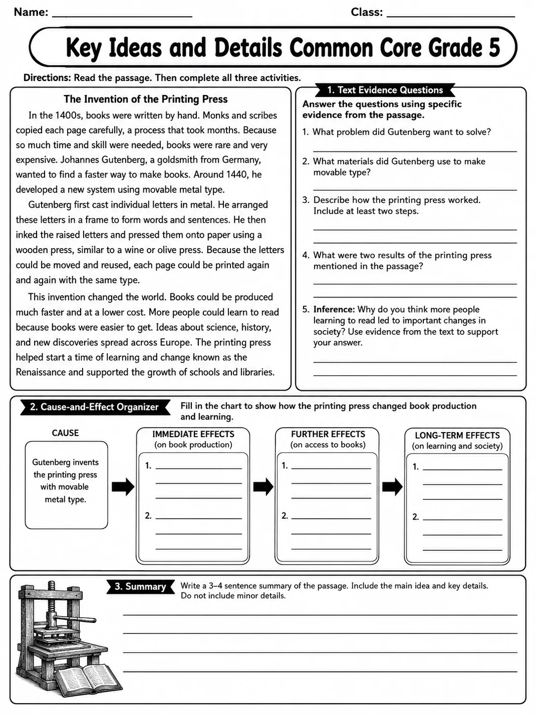 Key Ideas and Details Common Core Grade 5 page 3 printable Common Core ELA worksheet preview