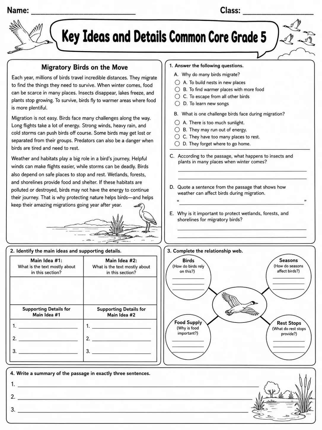 Key Ideas and Details Common Core Grade 5 page 5 printable Common Core ELA worksheet preview