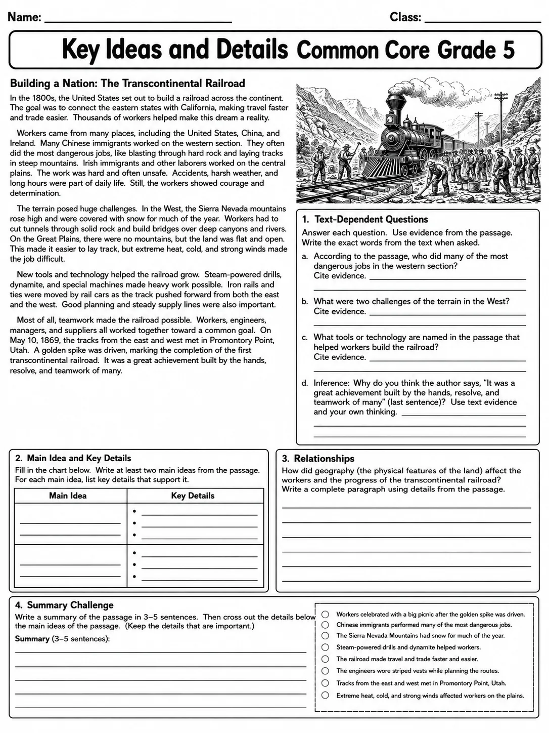 Key Ideas and Details Common Core Grade 5 page 9 printable Common Core ELA worksheet preview