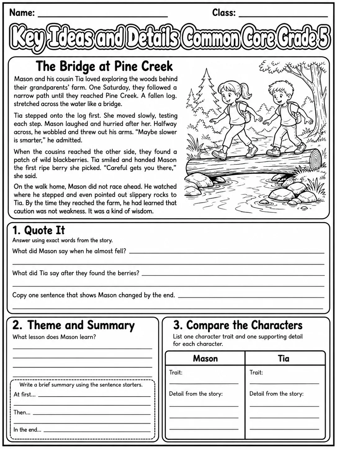 Key Ideas and Details Common Core Grade 5 page 2 printable Common Core ELA worksheet preview
