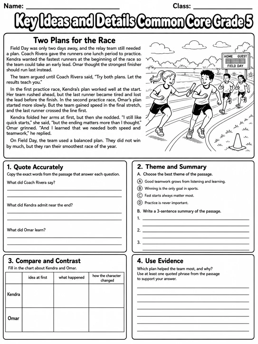 Key Ideas and Details Common Core Grade 5 page 5 printable Common Core ELA worksheet preview