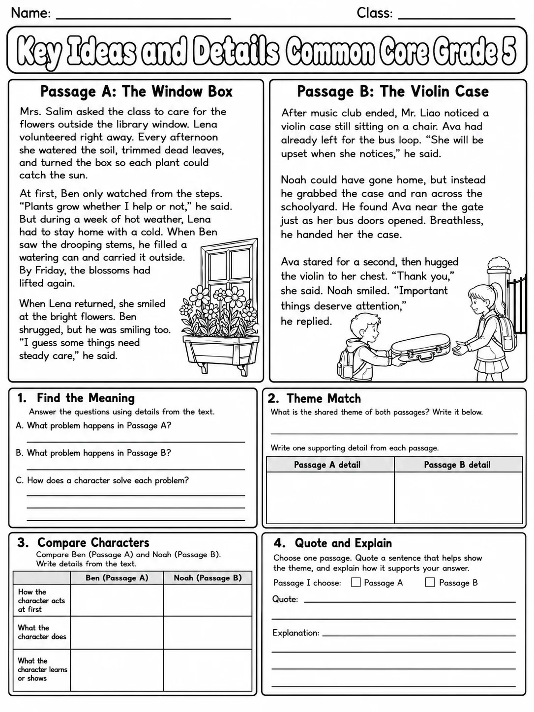 Key Ideas and Details Common Core Grade 5 page 6 printable Common Core ELA worksheet preview