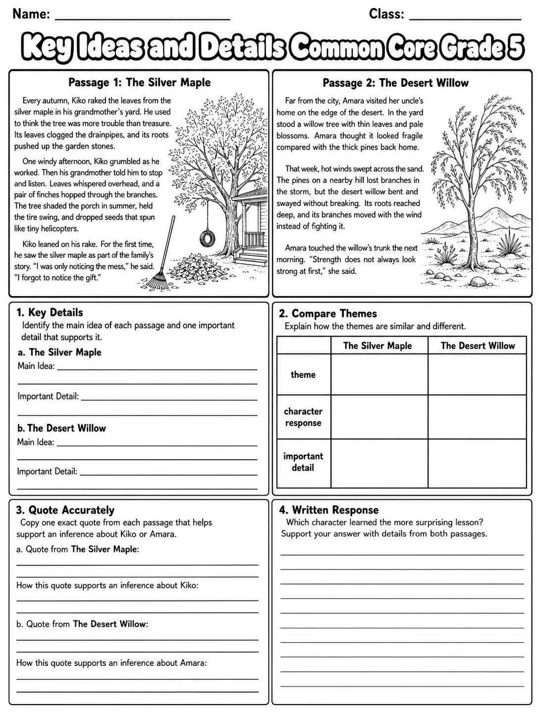 Key Ideas and Details Common Core Grade 5 page 9 printable Common Core ELA worksheet preview