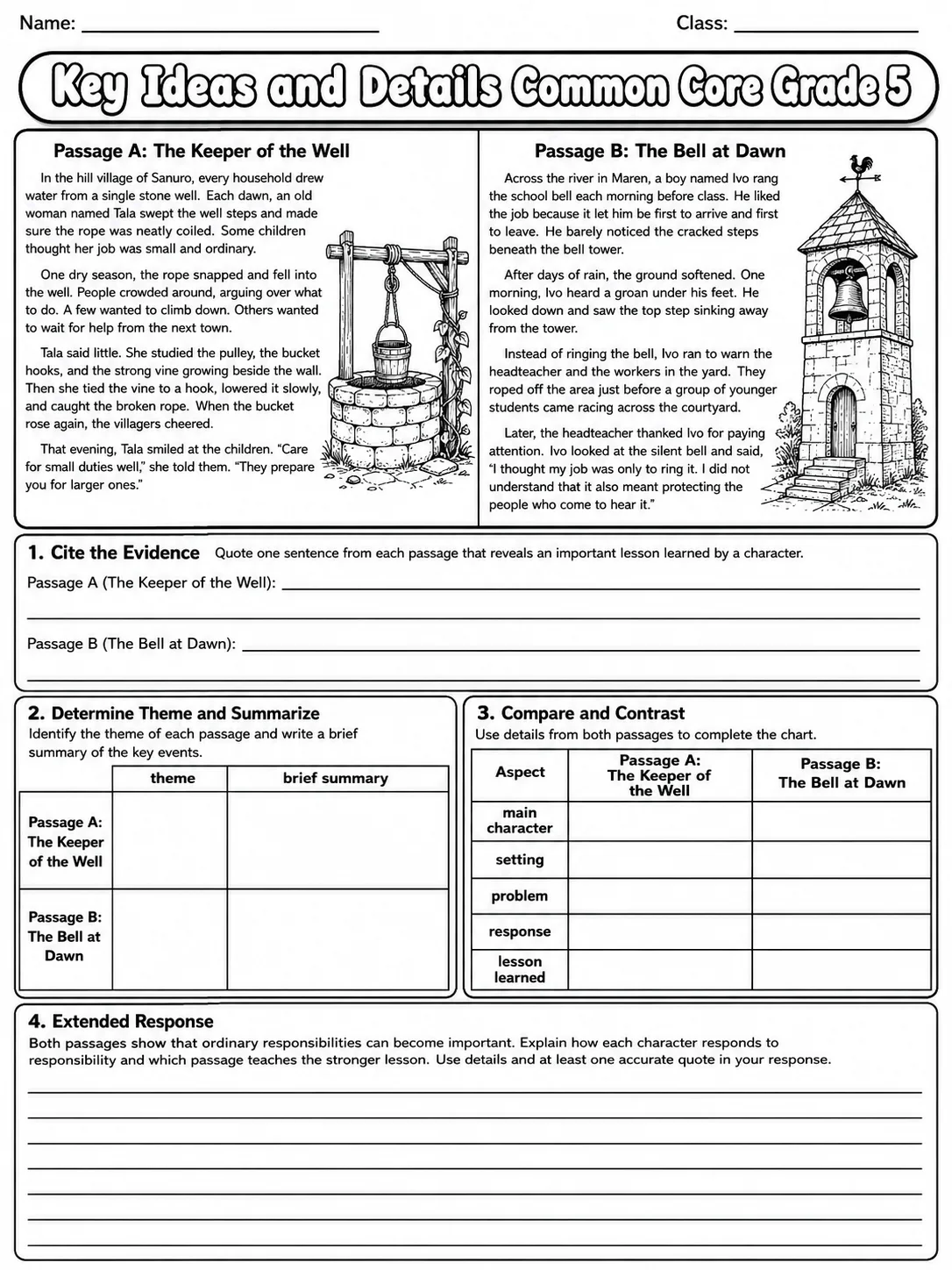 Key Ideas and Details Common Core Grade 5 page 10 printable Common Core ELA worksheet preview