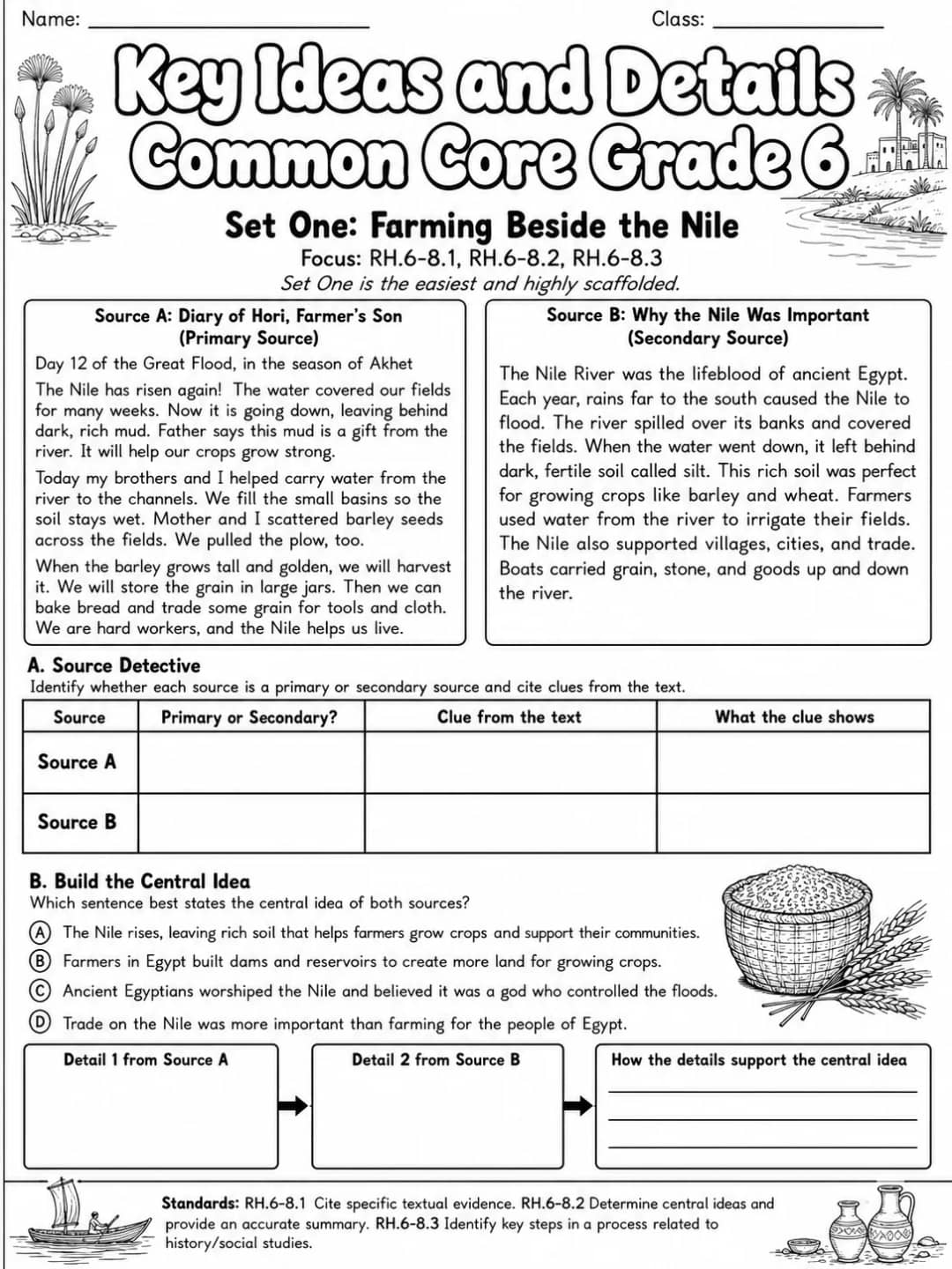 Key Ideas and Details Common Core Grade 6 printable Common Core ELA Grade 6 worksheet preview from KiwiBee