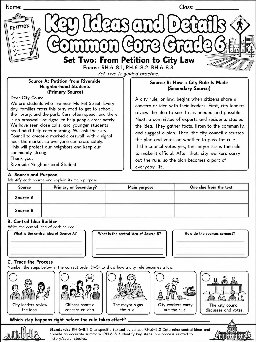 Key Ideas and Details Common Core Grade 6 page 2 printable Common Core ELA worksheet preview