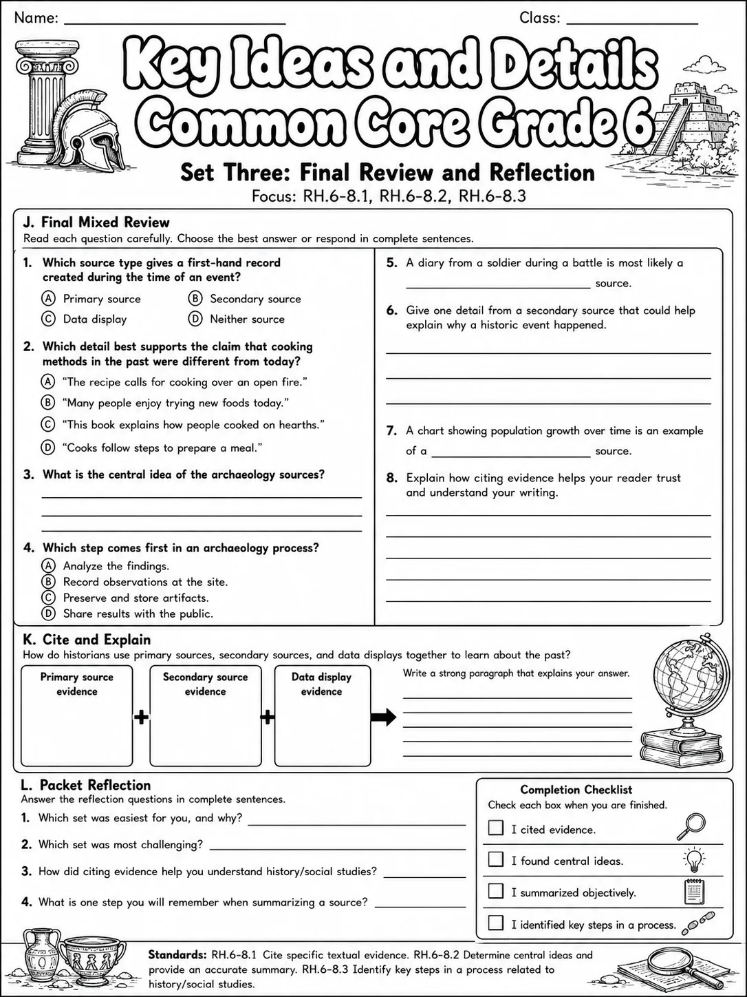 Key Ideas and Details Common Core Grade 6 page 3 printable Common Core ELA worksheet preview