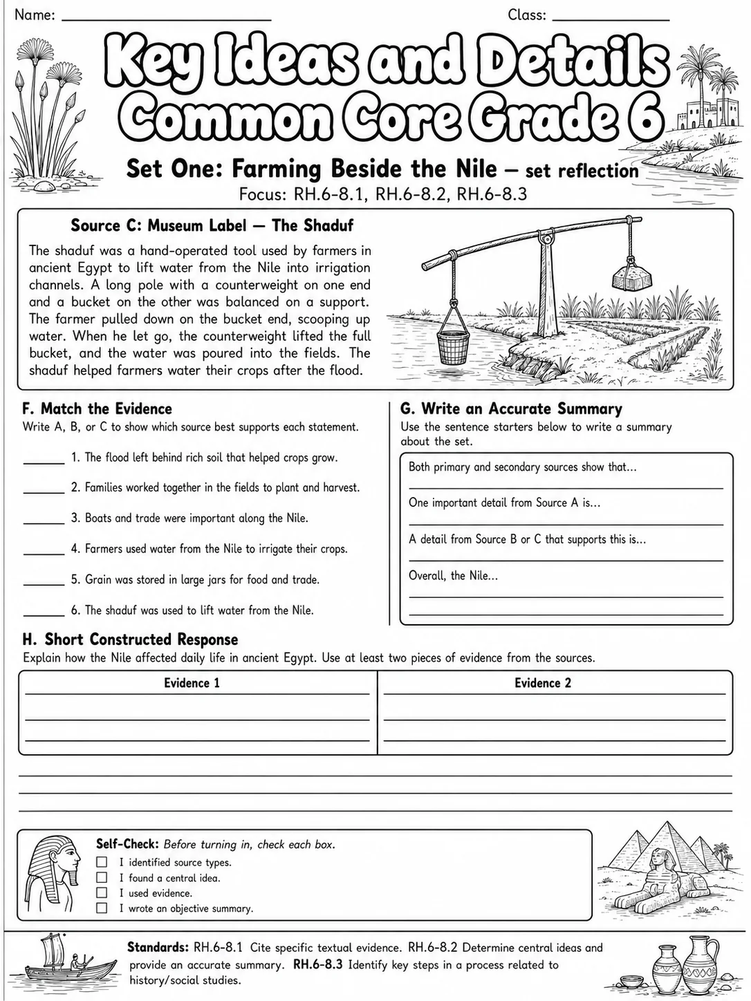 Key Ideas and Details Common Core Grade 6 page 6 printable Common Core ELA worksheet preview