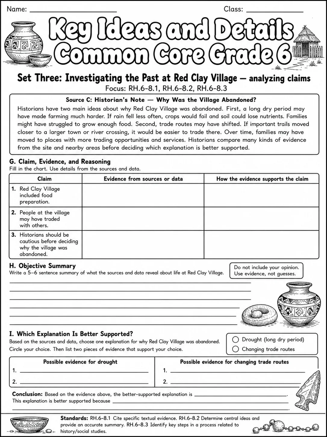 Key Ideas and Details Common Core Grade 6 page 7 printable Common Core ELA worksheet preview