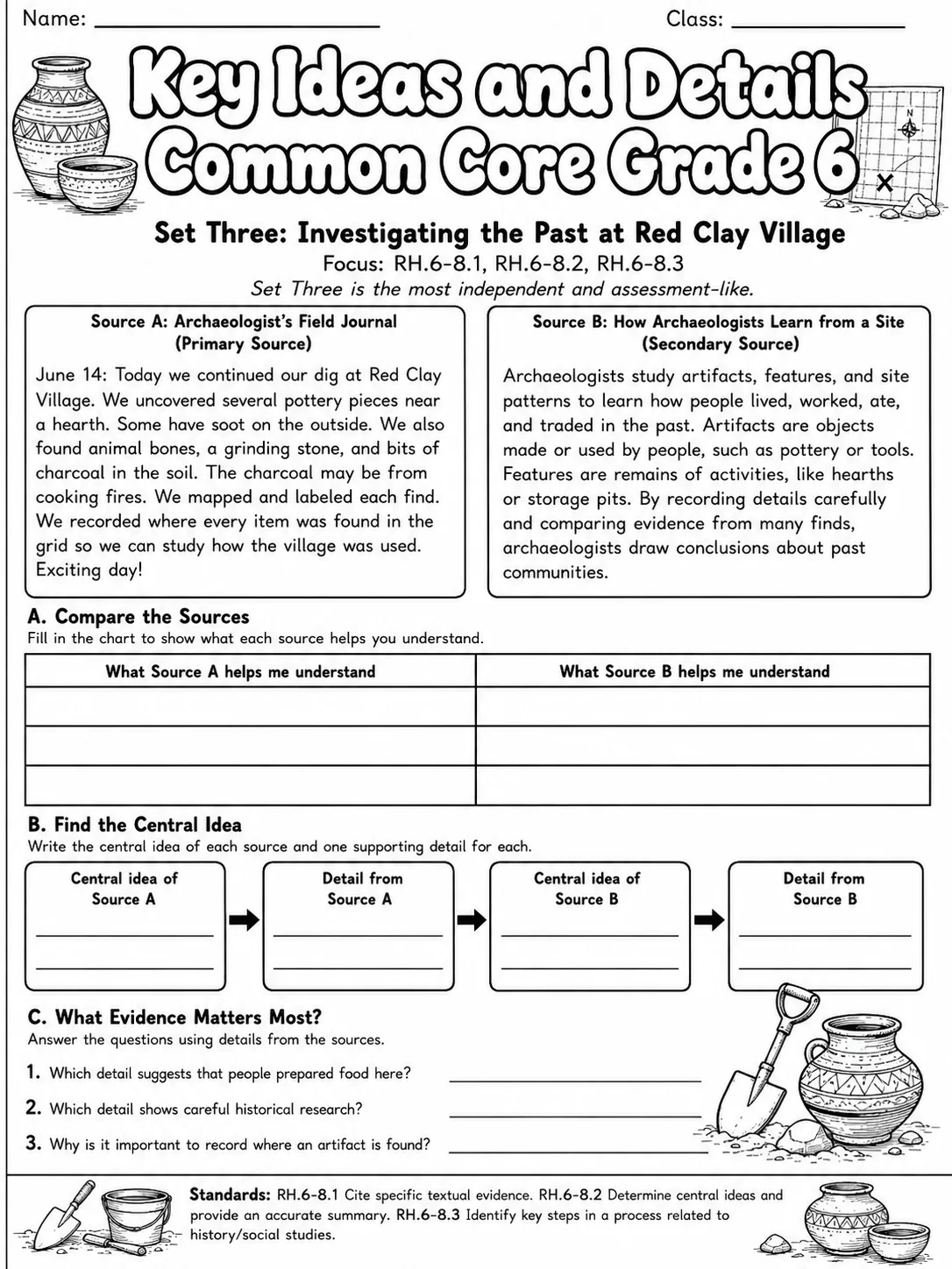 Key Ideas and Details Common Core Grade 6 page 8 printable Common Core ELA worksheet preview