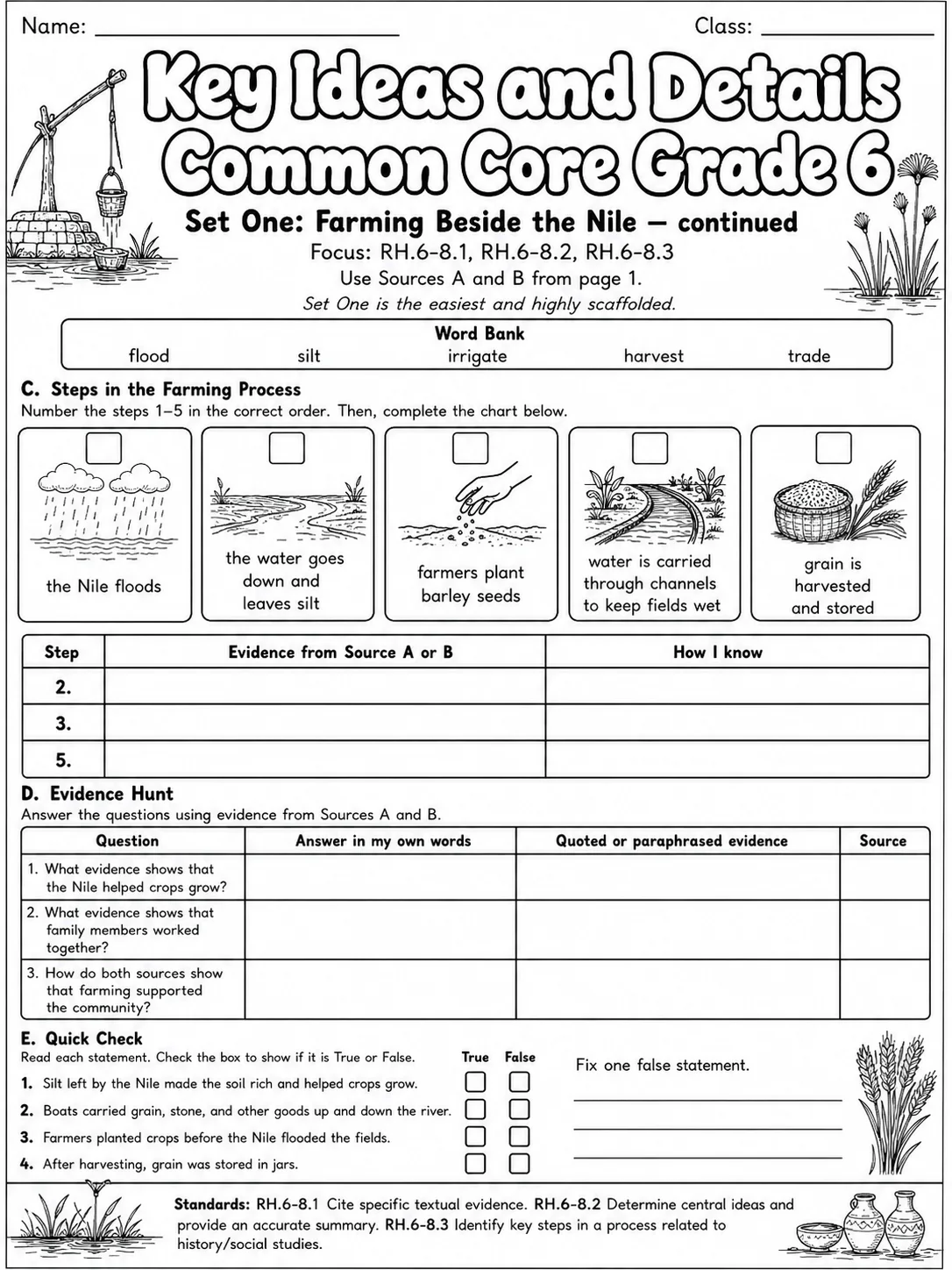 Key Ideas and Details Common Core Grade 6 page 9 printable Common Core ELA worksheet preview