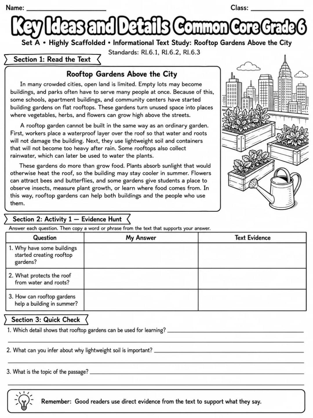 Key Ideas and Details Common Core Grade 6 printable Common Core ELA Grade 6 worksheet preview from KiwiBee