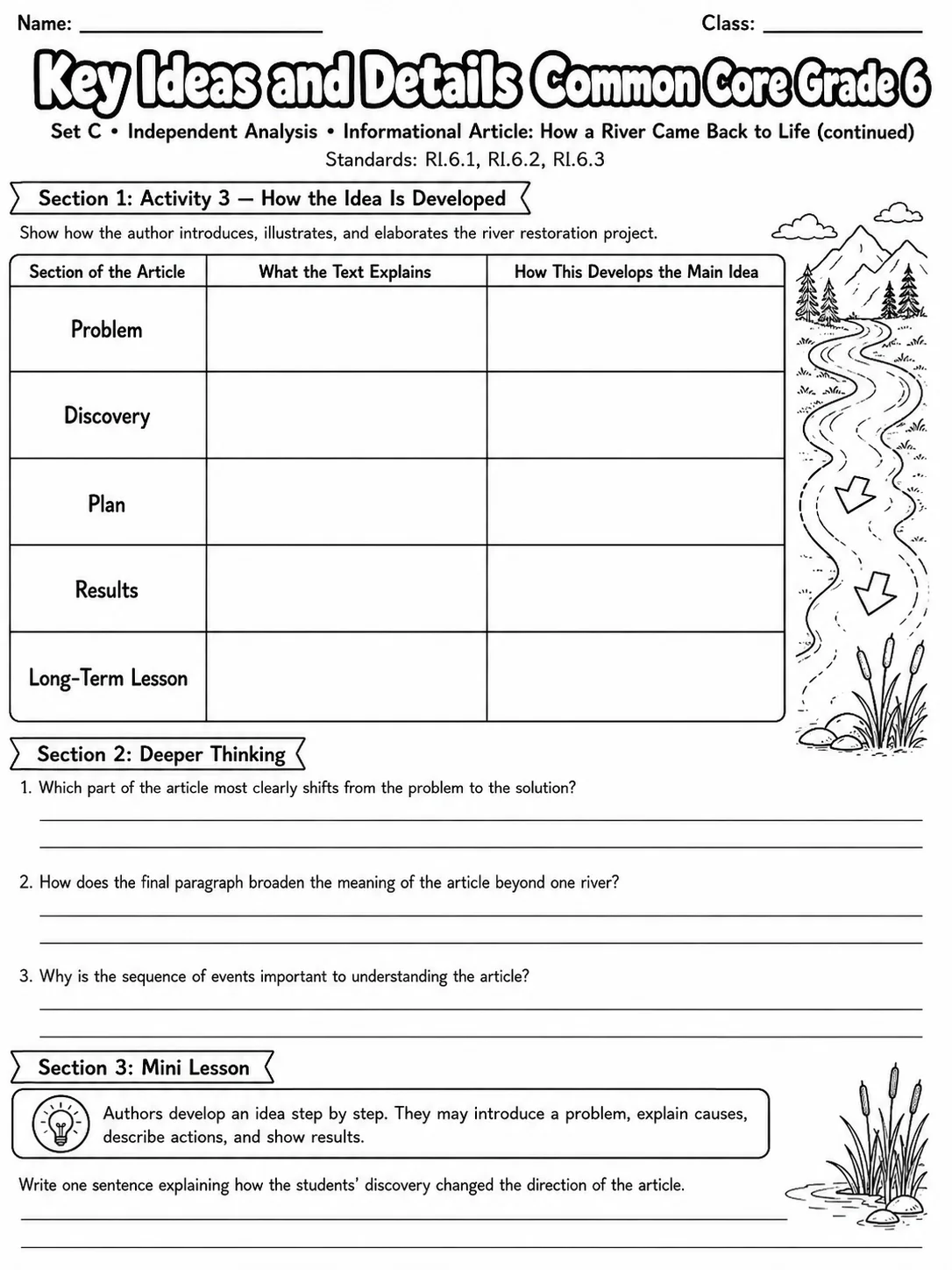 Key Ideas and Details Common Core Grade 6 page 2 printable Common Core ELA worksheet preview