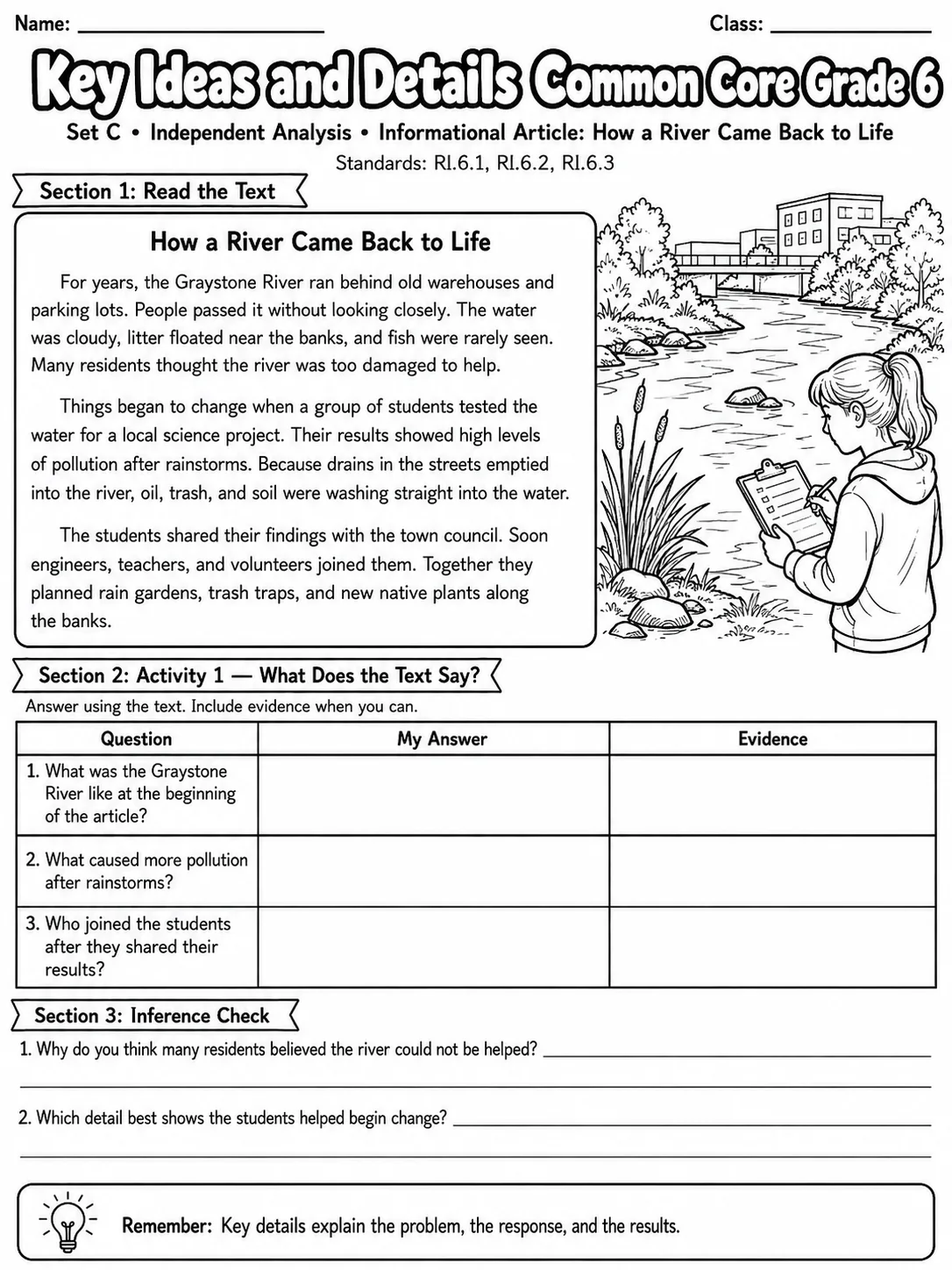 Key Ideas and Details Common Core Grade 6 page 3 printable Common Core ELA worksheet preview