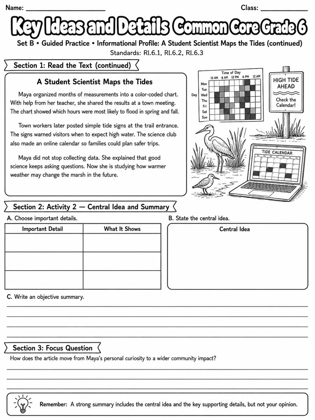 Key Ideas and Details Common Core Grade 6 page 4 printable Common Core ELA worksheet preview