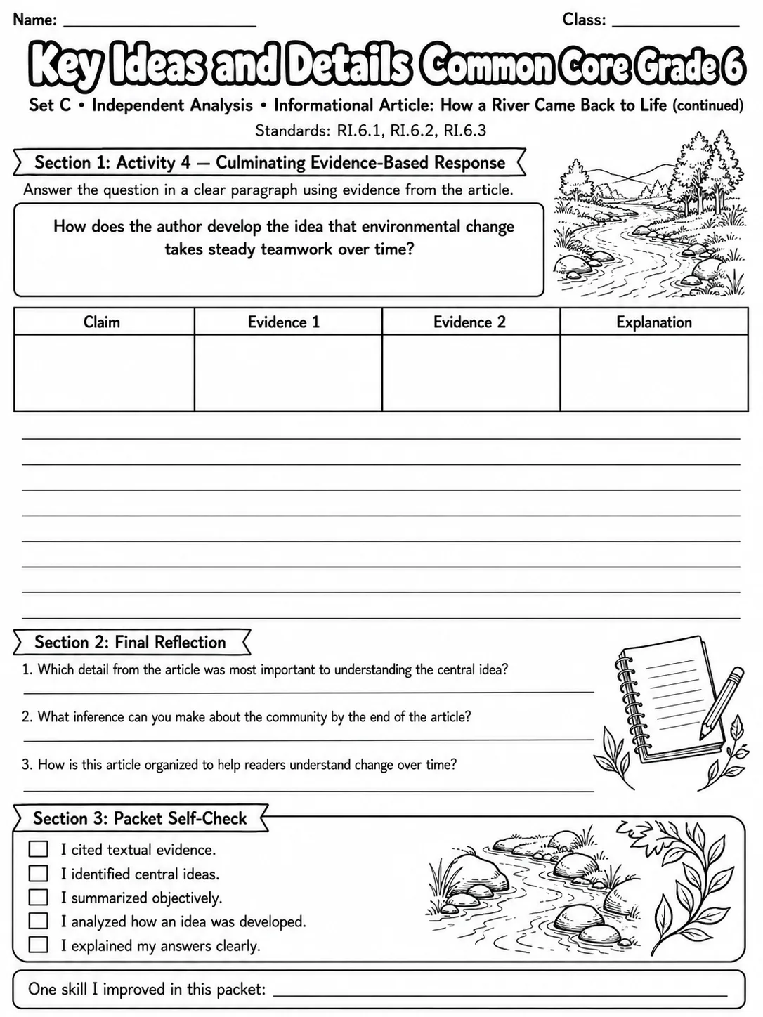 Key Ideas and Details Common Core Grade 6 page 5 printable Common Core ELA worksheet preview