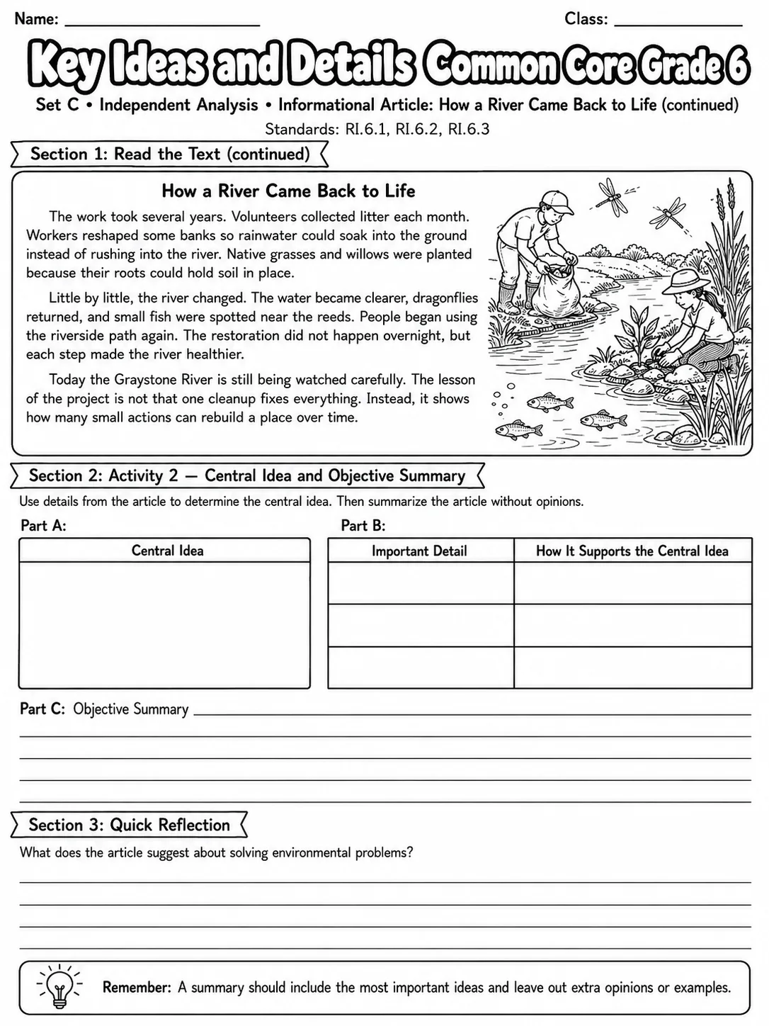 Key Ideas and Details Common Core Grade 6 page 6 printable Common Core ELA worksheet preview