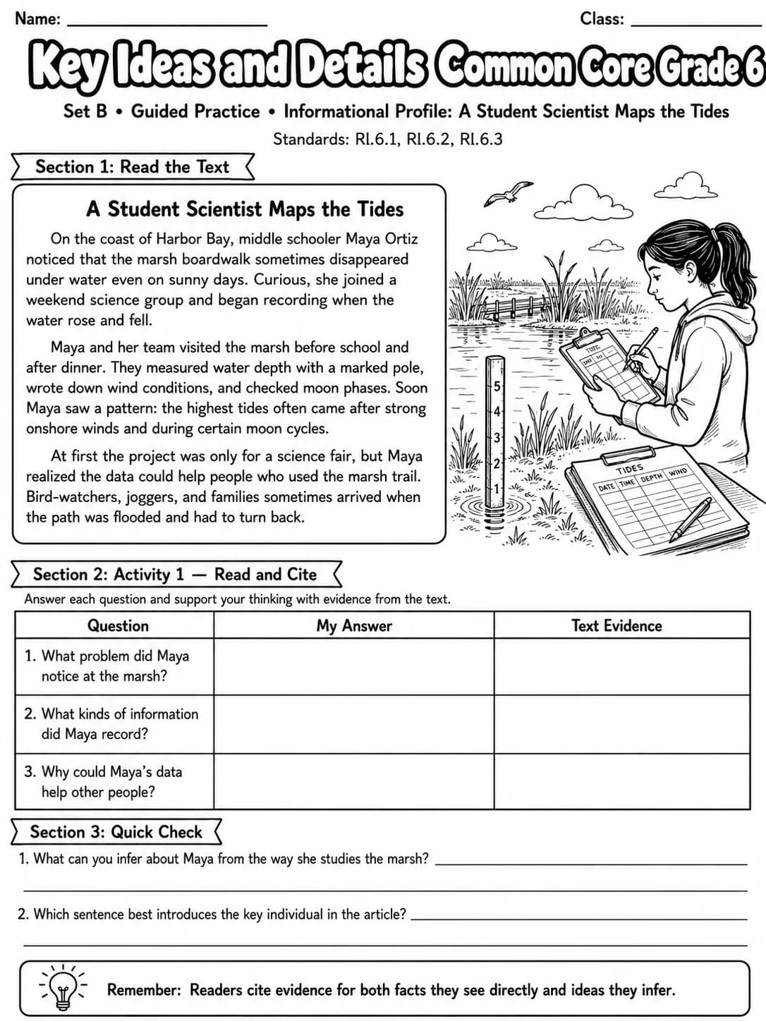 Key Ideas and Details Common Core Grade 6 page 7 printable Common Core ELA worksheet preview