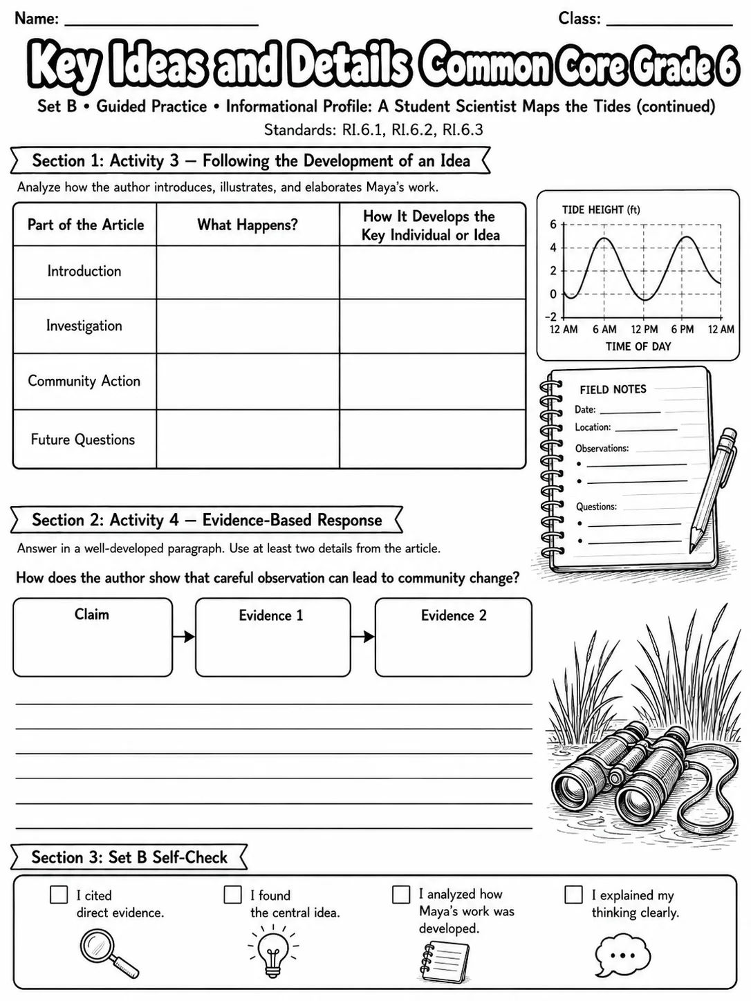 Key Ideas and Details Common Core Grade 6 page 8 printable Common Core ELA worksheet preview