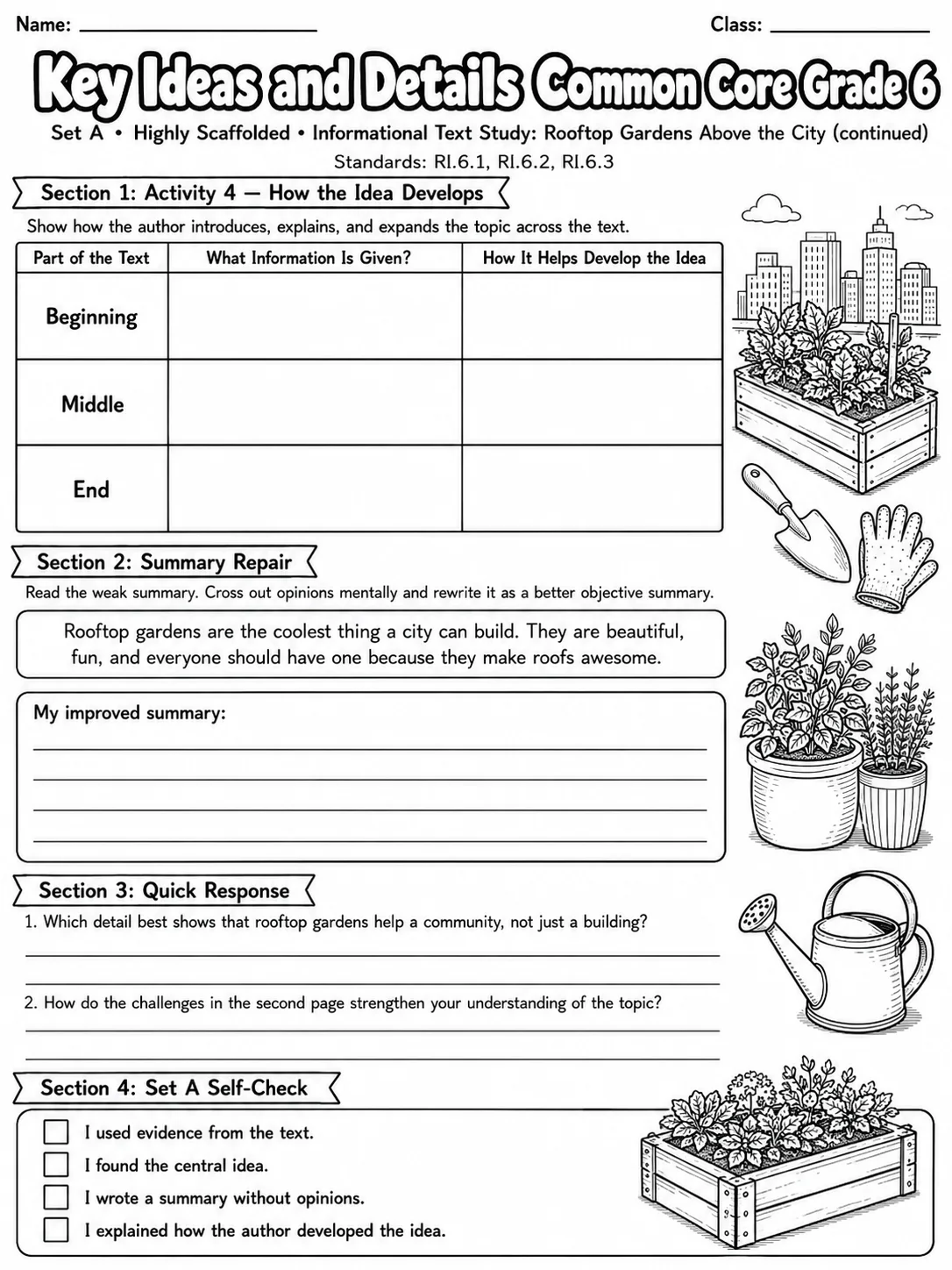 Key Ideas and Details Common Core Grade 6 page 10 printable Common Core ELA worksheet preview
