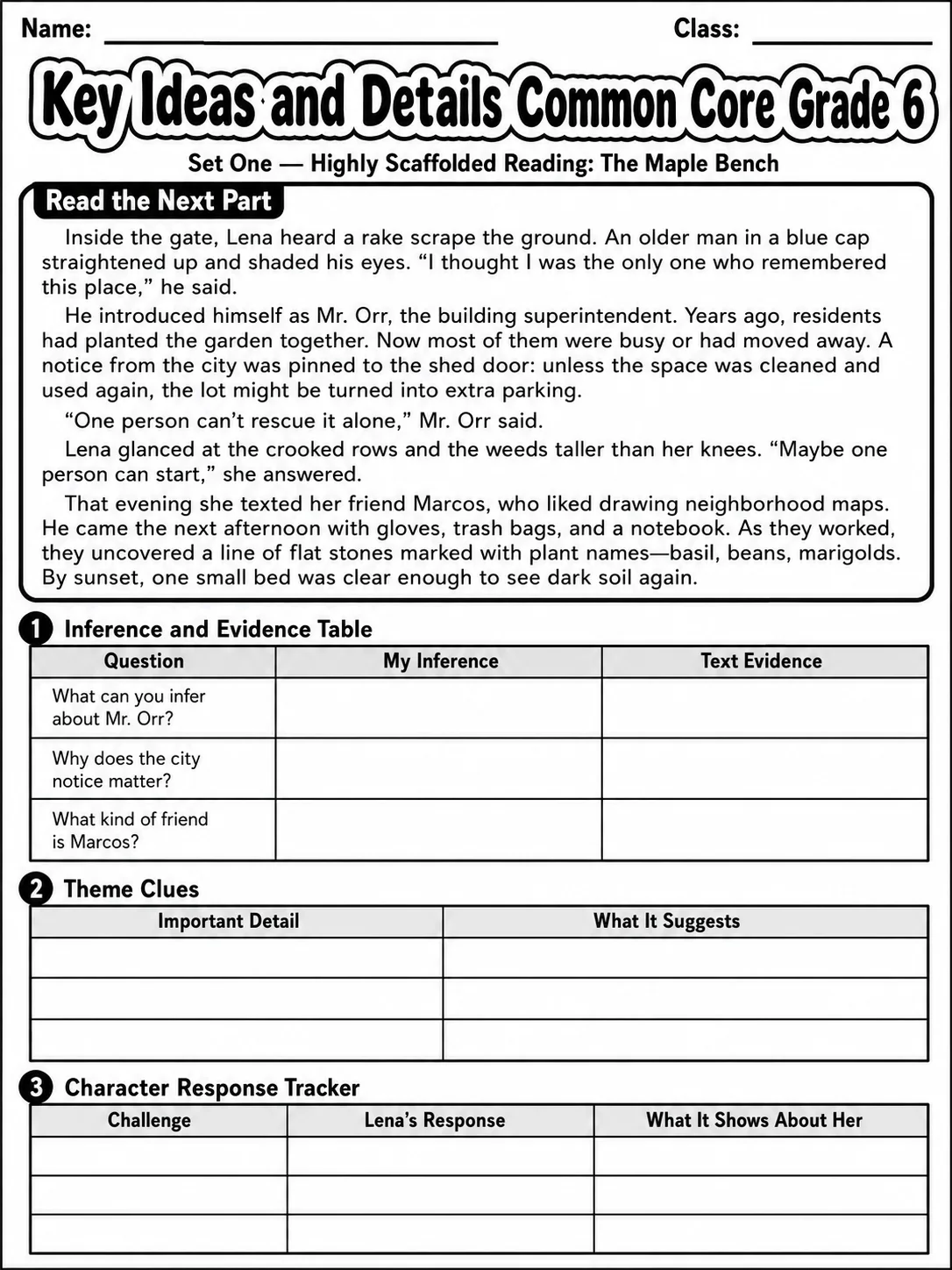 Key Ideas and Details Common Core Grade 6 page 2 printable Common Core ELA worksheet preview